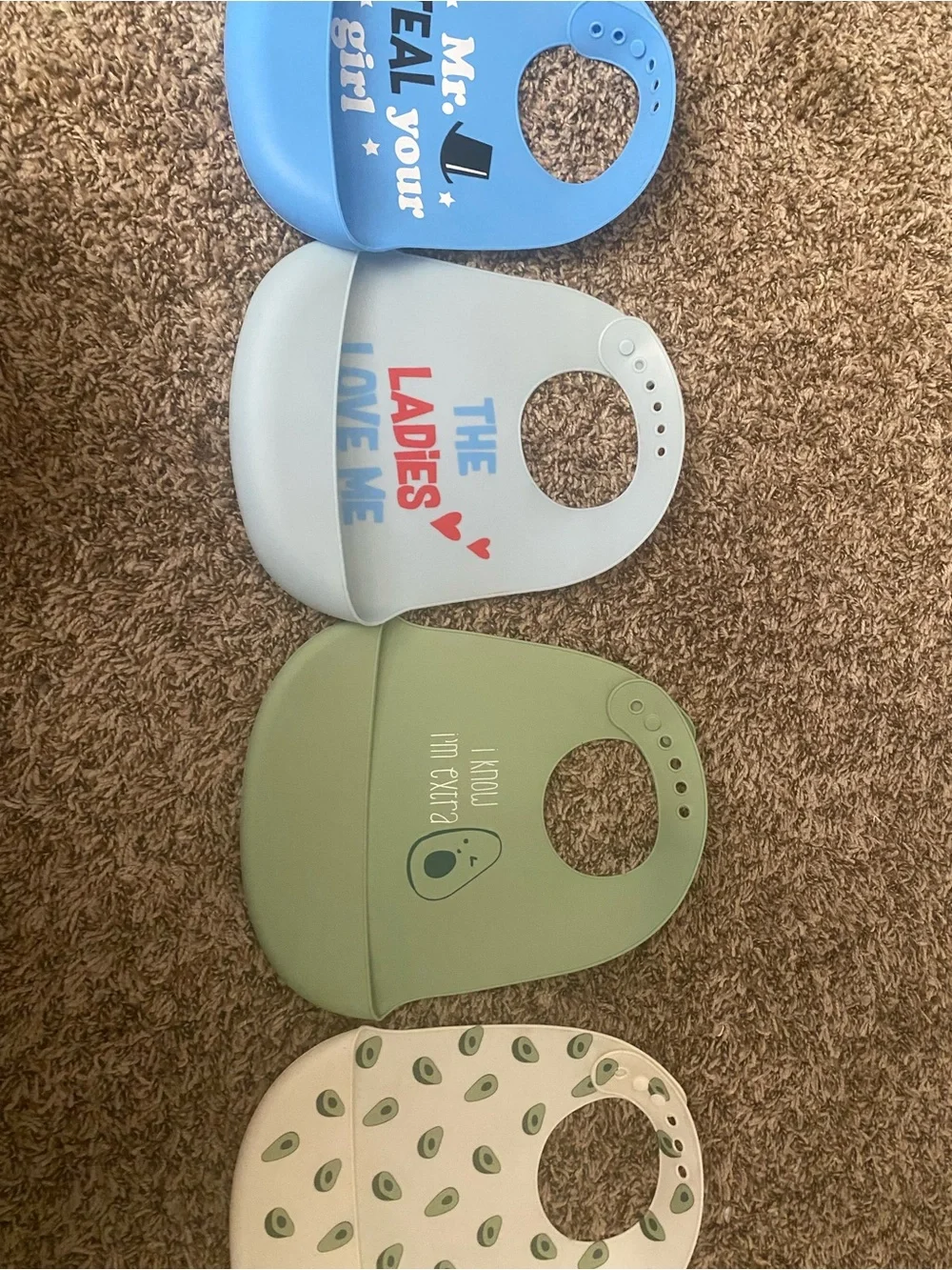 Silicone Baby Bib Set – Blue, Light Blue, Green, White Avocado Print